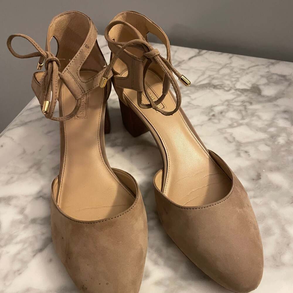 Antonioโ Melani ACCORDE Tuscan Taupe Suede Stacked Heel Dress Shoe 9M